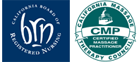 California board of registered nursing and California massage therapy council certified massage practitioner logos