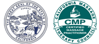 Great Seal of California and California massage therapy council certified massage practitioner